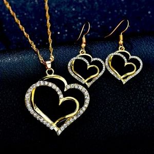 Double Hollow Love Heart Jewelry Set With Pendant Necklace & Drop Earrings